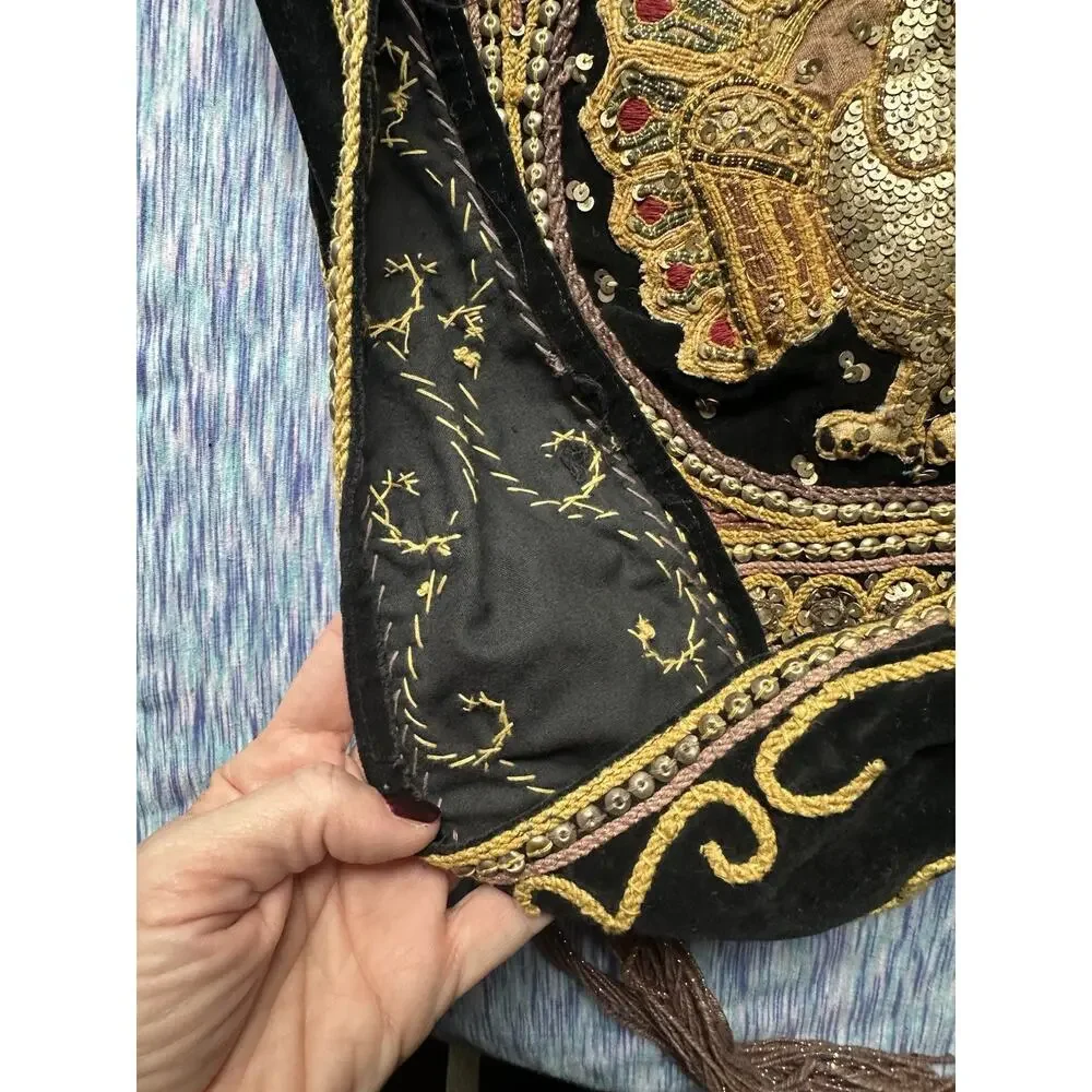 VTG 1970s Handmade Sequin & Beaded Thai Burmese Tapestry Hobo Peacock Kalaga Bag
